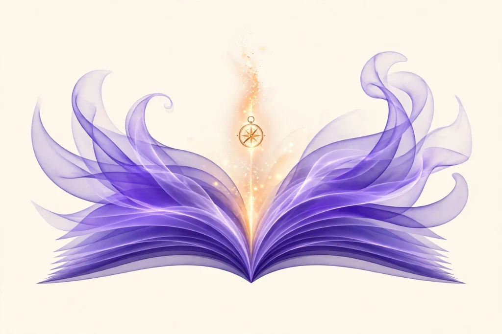 Abstract open book of violet light pages with a glowing compass spark, representing AI guides