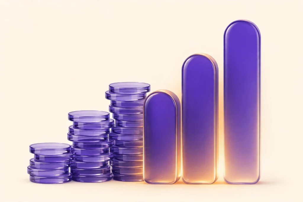Abstract stacks of translucent violet coins and pillars representing AI model API pricing