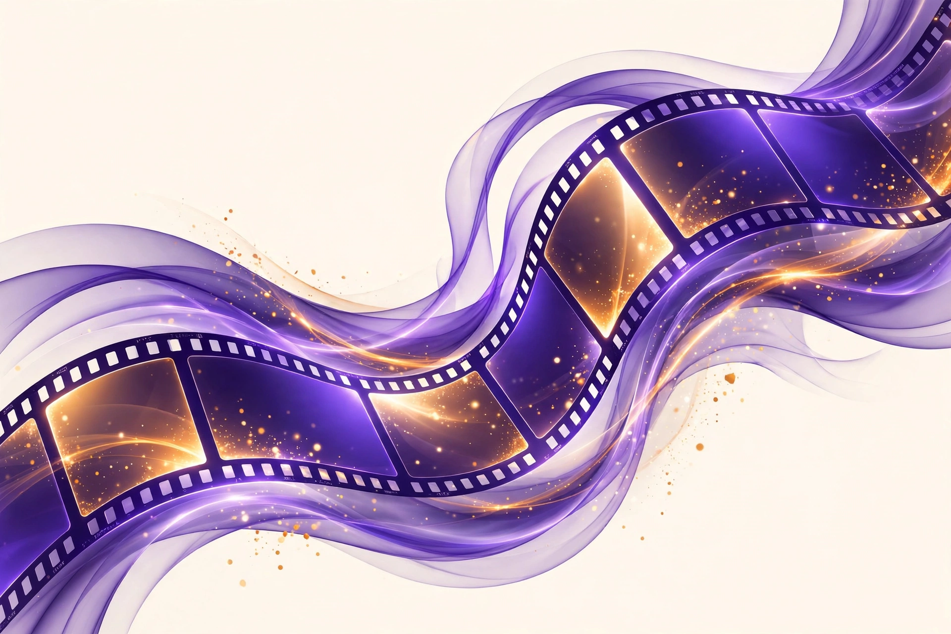 Abstract flowing ribbons of violet light forming a film strip, representing FLUX 3 Max AI video generation