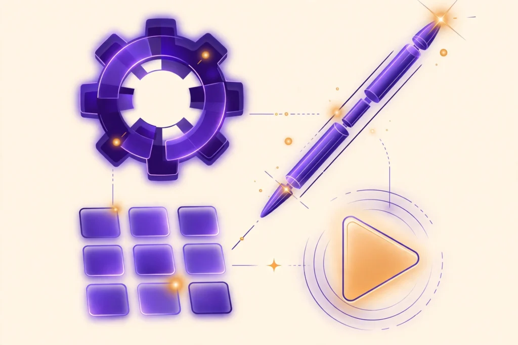 Abstract geometric toolkit of violet shapes representing free AI tools and calculators