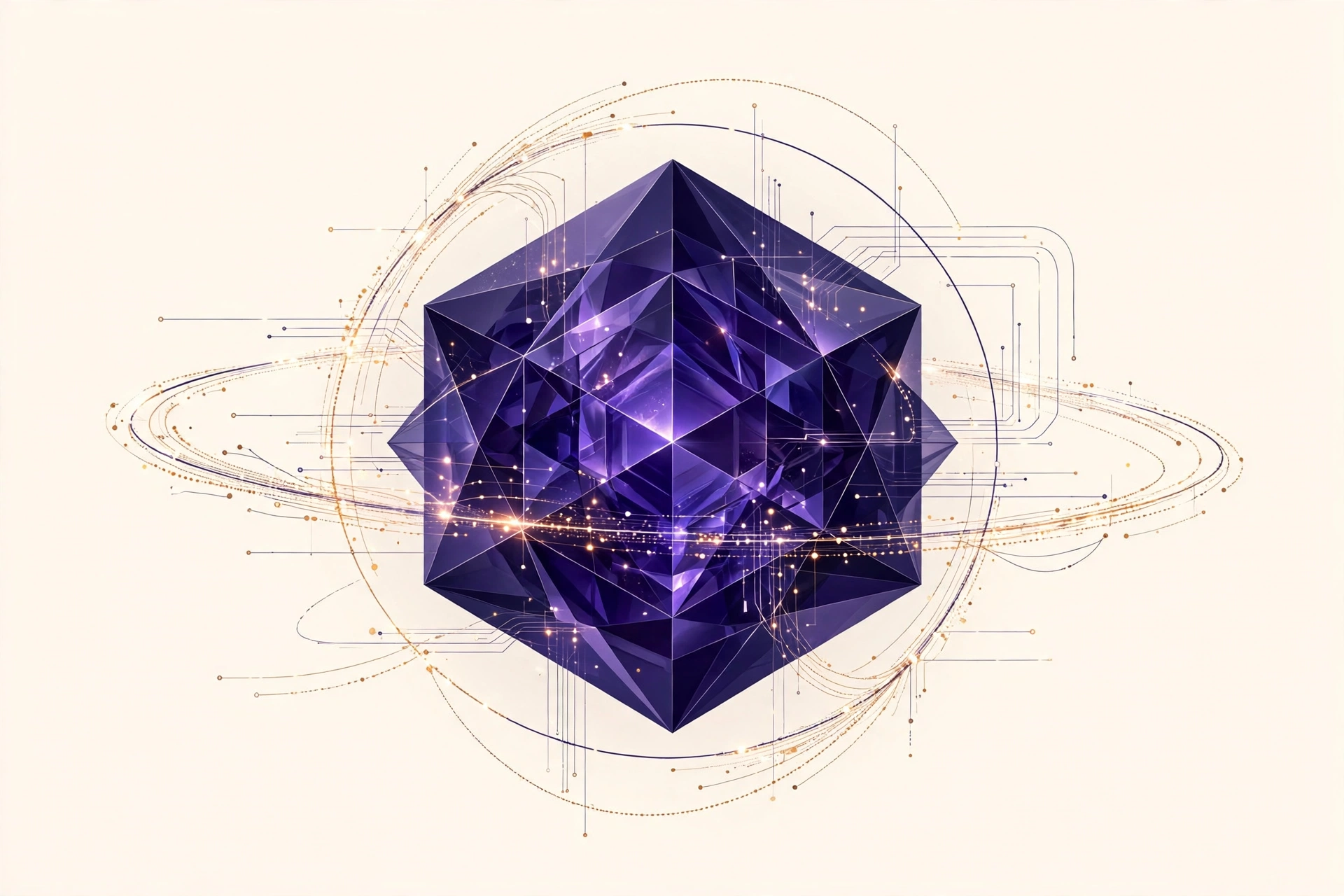 Abstract violet crystal core with orbiting light rings representing Gemini 4 Argon