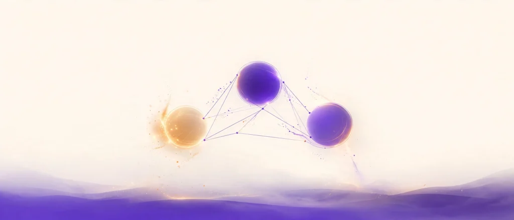 Abstract illustration of three glowing AI model orbs connected by light threads over a warm cream horizon